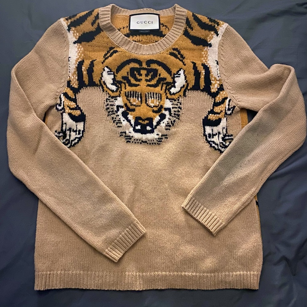 GUCCI Beige Wool Tiger Jacquard Knit Sweater
